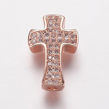 Brass Cubic Zirconia Beads, Cross, Clear, Rose Gold, 14x9x3.5mm, Hole: 1mm