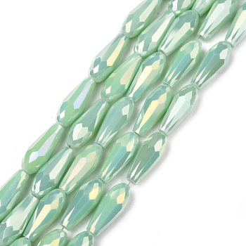 Electroplated Opaque Glass Beads Strands, Full Rainbow Plated, Faceted, Teardrop, Medium Aquamarine, 15x6mm, Hole: 1mm, about 50pcs/Strand, 28.35 inch(72cm)