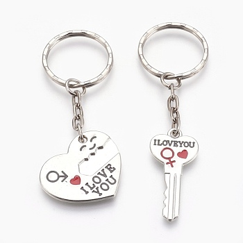 Alloy Enamel Split Pendant Keychain, with Rhinestone and Iron Key Rings, Heart with Key, Platinum, 73mm, 83mm, 2pcs/set