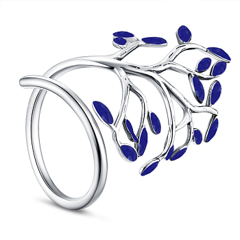SHEGRACE Adjustable 925 Sterling Silver Finger Ring, with Enamel, Leaves, Size 8, Blue, 18mm