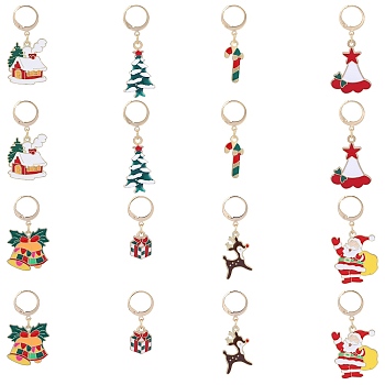 Christmas Theme Alloy Enamel Pendant Decoration, 304 Stainless Steel Leverback Hoop Charms, Mixed Color, 16~29mm, 8 style, 2pcs/style, 16pcs/set