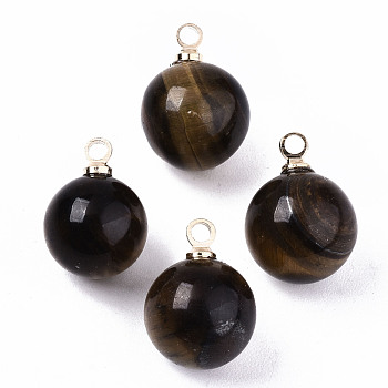 Natural Tiger Eye Charms, with Golden Plated Brass Loops, Round, 14x10.5mm, Hole: 1.5mm