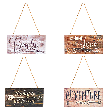 Fingerinspire Natural Wood Hanging Wall Decorations for Front Door Home Decoration, with Plastic Hook and Jute Twine, Rectangle with Word, Mixed Color, 127x255x4mm, 4sets/bag