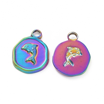 Ion Plating(IP) 304 Stainless Steel Pendants, Flat Round with Dolphin Charm, Rainbow Color, 16x13x2mm, Hole: 2mm