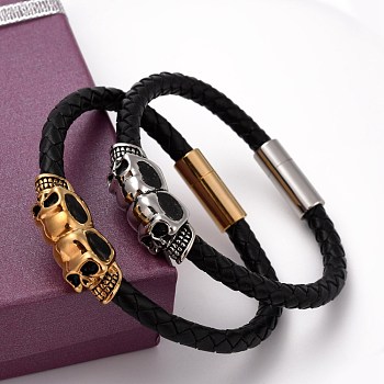 Retro Leather Cord Bracelets, with 304 Stainless Steel Skull Findings and Magnetic Clasps, Mixed Color, 210mm