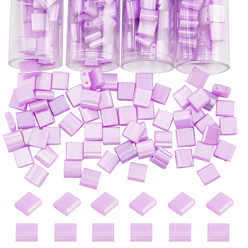 304Pcs 2-Hole Glass Seed Beads, Opaque Colours Luster, Dyed, Rectangle, Plum, 5x4.5~5.5x2~2.5mm, Hole: 0.5~0.8mm