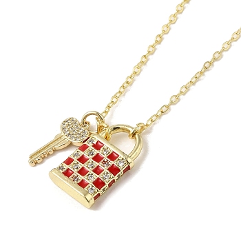 Brass Micro Pave Cubic Zirconia Pendant Necklace, with Enamel, Lock and Key, Real 18K Gold Plated, Red, 18.23 inch(463mm)