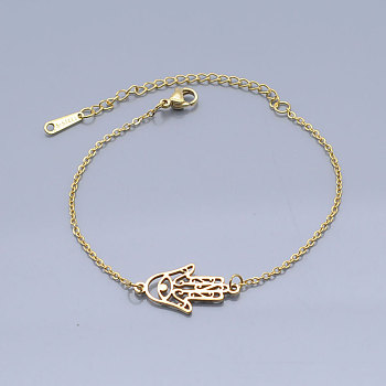 201 Stainless Steel Link Bracelets, with Lobster Claw Clasps, Hamsa Hand, Golden, 6-3/4 inch~6-7/8 inch(17.2~17.3cm)
