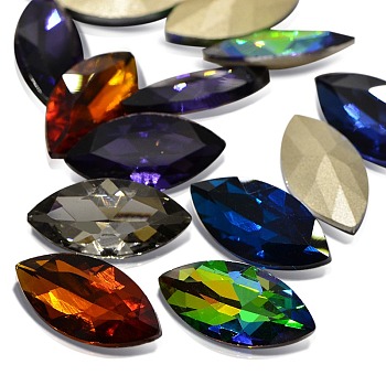 Faceted Horse Eye Glass Pointed Back Rhinestone Cabochons, Back Plated, Mixed Color, 32x17x6.8mm, about 12pcs/bag
