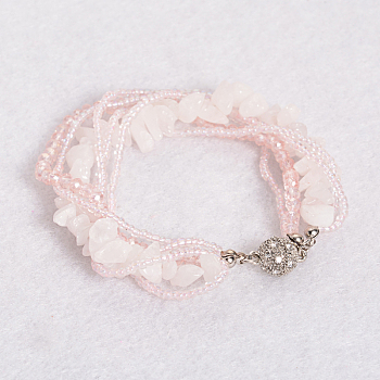 Rose Quartz Multi-strand Bracelets, with Glass Beads and Magnetic Clasps, 210~220mm