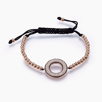 Adjustable 304 Stainless Steel Braided Beaded Bracelets, with Nylon Cord and Brass Micro Pave Cubic Zirconia Links, Ring, Colorful, Rose Gold, 1-7/8 inch(4.8cm)~3 inch(7.8cm), 4mm