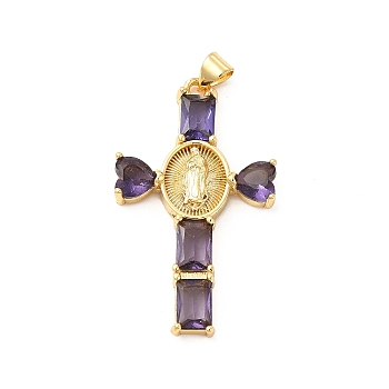 Rack Plating Brass Pendants, with Glass Cubic Zirconia, Religion Heart Cross with Virgin Mary Charm, Cadmium Free & Lead Free, Long-Lasting Plated, Real 18K Gold Plated, Purple, 39x23x4mm, Hole: 5x3mm
