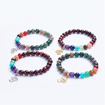 Natural Mixed Stone Beaded Stretch Bracelets, Charm Bracelets, with Alloy Findings, Om Symbol, 1-5/8 inch(40.5mm)