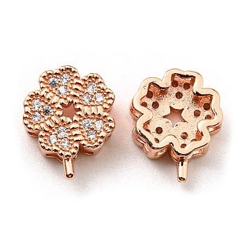Rack Plating Eco-Friendly Brass Micro Pave Cubic Zirconia Slider Charms, Lead Free & Cadmium Free, Clover, Real Rose Gold Plated, 11x9x4mm, Hole: 1.2~1.6x1.3~1.4mm