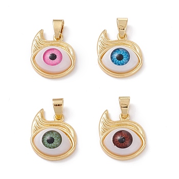 Brass Pendants, with Resin Eye Cabochons, Long-Lasting Plated, Real 18K Gold Plated, Mixed Color, 18x16x6.5mm, Hole: 6x3.5mm