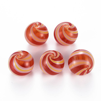 Transparent Handmade Blown Glass Globe Beads, Stripe Pattern, Round, Crimson, 19.5~20.5mm, Hole: 1.5~2mm