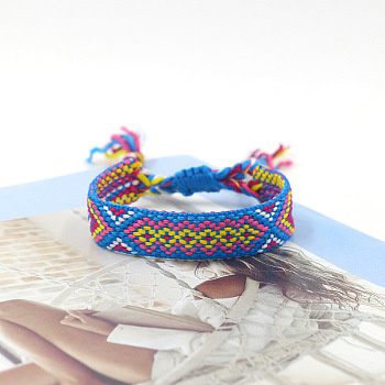 Polyester Braided Rhombus Pattern Cord Bracelet, Ethnic Tribal Adjustable Brazilian Bracelet for Women, Dodger Blue, 5-7/8 inch(15cm)