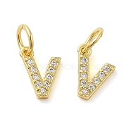 Brass Micro Pave Cubic Zirconia Pendants, with Jump Ring, Letter V, 8~9x4.5~9.5x1.5mm, Hole: 3.6mm(KK-M273-02G-V)