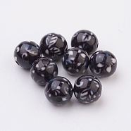 Spray Painted Resin Beads, with Leaf Pattern, Round, Black, 10mm, Hole: 2mm(GLAA-F049-A02)