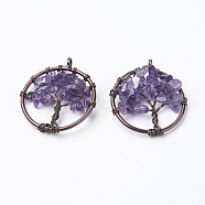 Natural Amethyst Pendants, with Brass Findings, Red Copper, Flat Round with Tree of Life, 29x5~7mm, Hole: 4.5mm(G-E419-03R)
