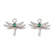 Brass Micro Pave Cubic Zirconia Pendants, Long-Lasting Plated, Dragonfly Shape, Platinum, Green, 18.5x21.5x3.5mm, Hole: 2.5mm(X-ZIRC-H102-05A-P)