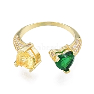 Colorful Cubic Zirconia Heart Open Cuff Ring, Brass Jewelry for Women, Real 18K Gold Plated, US Size 8 3/4(18.7mm)(RJEW-G261-20G)