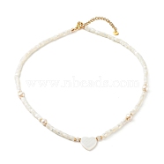 Beaded Necklace, with Pearl Beads, Brass Beads & 304 Stainless Steel Findings, Heart, White, 40.5x0.4cm(NJEW-JN03545)
