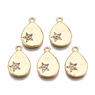 Brass Micro Pave Clear Cubic Zirconia Pendants, Nickel Free, TearDrop with Star, Real 18K Gold Plated, 16x11x1.5mm, Hole: 1.6mm(KK-Q277-042-NF)