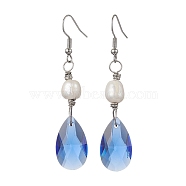 Glass Teardrop & Natural Pearl Dangle Earrings, Alloy Long Drop Earrings, Platinum, 63x13mm(EJEW-JE05725)