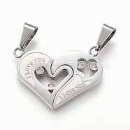 304 Stainless Steel Rhinestone Split Pendants, Heart with Word I Love You, For Valentine's Day, Stainless Steel Color, 23x30x2mm, Hole: 5x10mm(STAS-F168-07P)