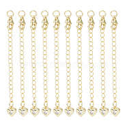 10Pcs Brass Curb Chain Extender, End Chain with Stainless Steel Lobster Claw Clasps and Heart Clear Cubic Zirconia Chain Tab, Golden, 77x3mm, Hole: 3mm(KK-UN0001-37)