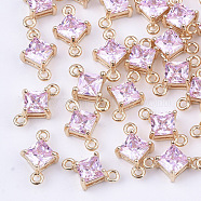 Transparent Glass Links connectors, with Brass Findings, Faceted, Rhombus, Light Gold, Pearl Pink, 11x7x4mm, Hole: 1mm, Side Length: 5mm(GLAA-T007-14F)