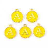 Golden Plated Alloy Enamel Charms, Enamelled Sequins, Flat Round with Letter, Gold, Letter.A, 14x12x2mm, Hole: 1.5mm(X-ENAM-S118-09A)