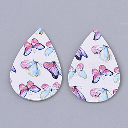 PU Leather Big Pendants, Double Sided, teardrop, With Butterfly Pattern, White, 56x37x2mm, Hole: 1.6mm(X-FIND-R072-10-C12)