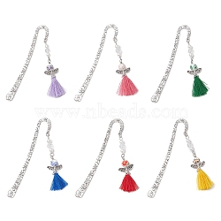 Alloy Hook Bookmarks, Porcelain Beads and Polycotton Tassel Pendant Bookmarks, Mixed Color, 123.5mm(AJEW-JK00366)