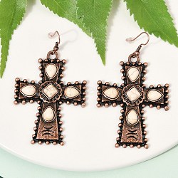 Alloy Synthetic Turquoise Dangle Earrings for Women, Cross, Red Copper, 72x41mm(EJEW-U053-13R)