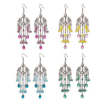 4 Pairs 4 Color Glass Teardrop Tassel Chandelier Earrings, 316 Surgical Stainless Steel Long Drop Earrings for Women, Mixed Color, 104mm, Pin: 0.6mm, 1 Pair/color