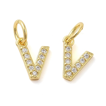 Brass Micro Pave Cubic Zirconia Pendants, with Jump Ring, Letter V, 9x6.5x1.5mm, Hole: 3.6mm