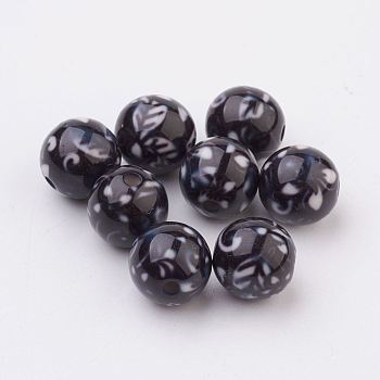 Spray Painted Resin Beads, with Leaf Pattern, Round, Black, 10mm, Hole: 2mm