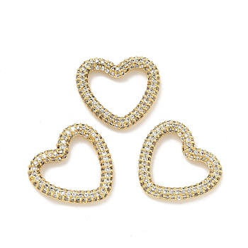 Rack Plating Brass Micro Pave Cubic Zirconia Linking Rings, Long-Lasting Plated, Cadmium Free & Lead Free, Heart, Golden, Clear, 19.5x21x3mm, Inner Diameter: 15x15mm