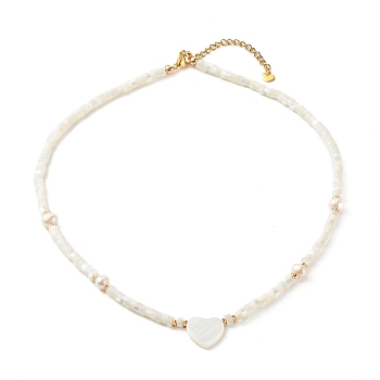 Beaded Necklace, with Pearl Beads, Brass Beads & 304 Stainless Steel Findings, Heart, White, 40.5x0.4cm