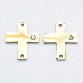 316 Surgical Stainless Steel Micro Pave Cubic Zirconia Links connectors, Cross, Clear, Golden, 15x14x2mm, Hole: 1mm