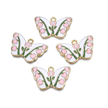 Alloy Enamel Pendants, Cadmium Free & Nickel Free & Lead Free, Light Gold, Butterfly with Tulip, White, 17.5x28x2.5mm, Hole: 1.8mm