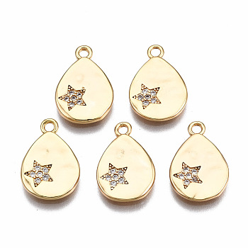 Brass Micro Pave Clear Cubic Zirconia Pendants, Nickel Free, TearDrop with Star, Real 18K Gold Plated, 16x11x1.5mm, Hole: 1.6mm