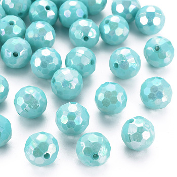 Opaque Acrylic Beads, Faceted, Dyed, AB Color, Round, Medium Turquoise, 12x11.5mm, Hole: 1.8mm, about 560pcs/500g