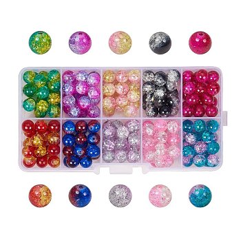 10 Colors Round Transparent Crackle Glass Beads, Mixed Color, 8mm, Hole: 1.3~1.6mm, about 180~200pcs/box