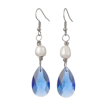 Glass Teardrop & Natural Pearl Dangle Earrings, Alloy Long Drop Earrings, Platinum, 63x13mm