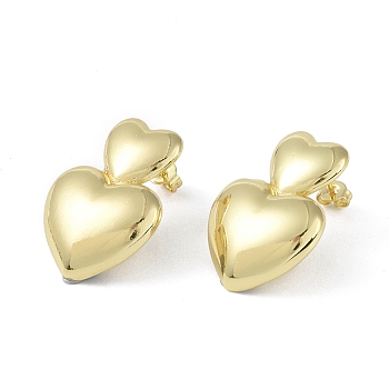 Brass Stud Earrings for Women, Heart, Golden, 27x20mm