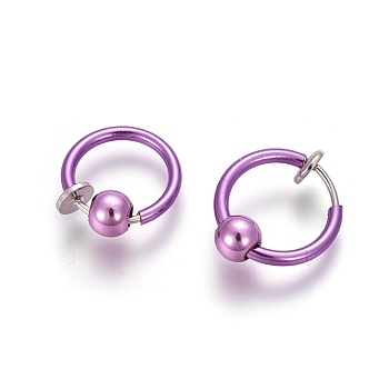 Electroplate Brass Retractable Clip-on Earrings, Non Piercing Spring Hoop Earrings, Cartilage Earring, with Removable Beads, Purple, 12.6x0.8~1.6mm, Clip Pad: 4.5mm