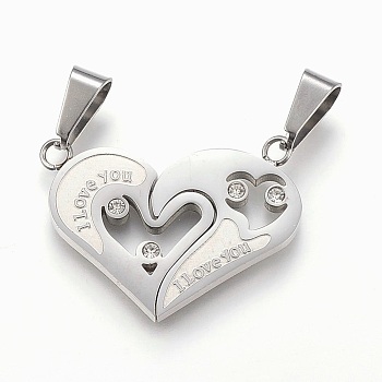 304 Stainless Steel Rhinestone Split Pendants, Heart with Word I Love You, For Valentine's Day, Stainless Steel Color, 23x30x2mm, Hole: 5x10mm
